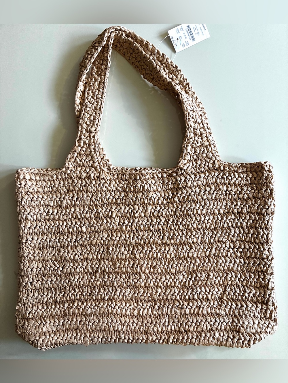J. Crew Factory Packable straw tote bag Natural Straw Tote with Tan Patch.NWT. - Picture 3 of 16